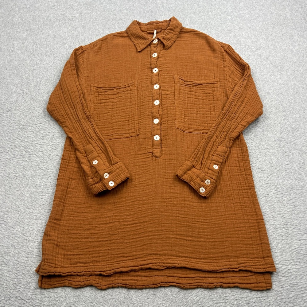 Free People Tunic Shirt Women Small Copper Gauze 1/2 Button Long Sleeve Pullover